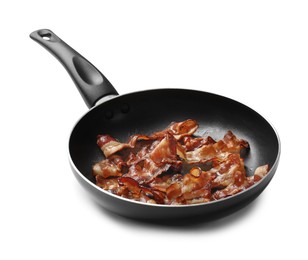 Photo of Delicious bacon slices in frying pan isolated on white