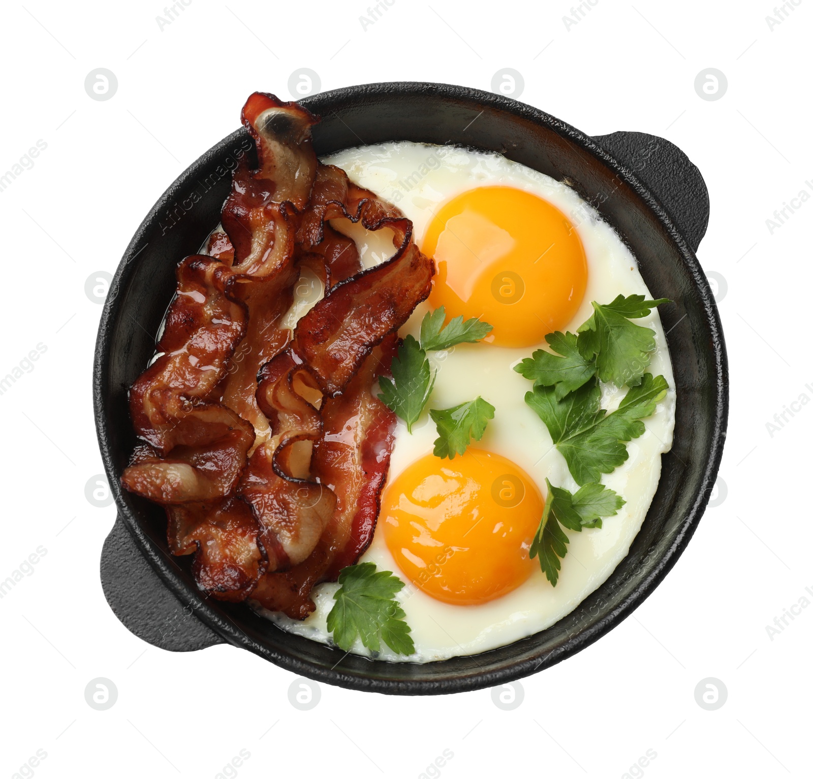 Photo of Tasty bacon, eggs and parsley isolated on white, top view