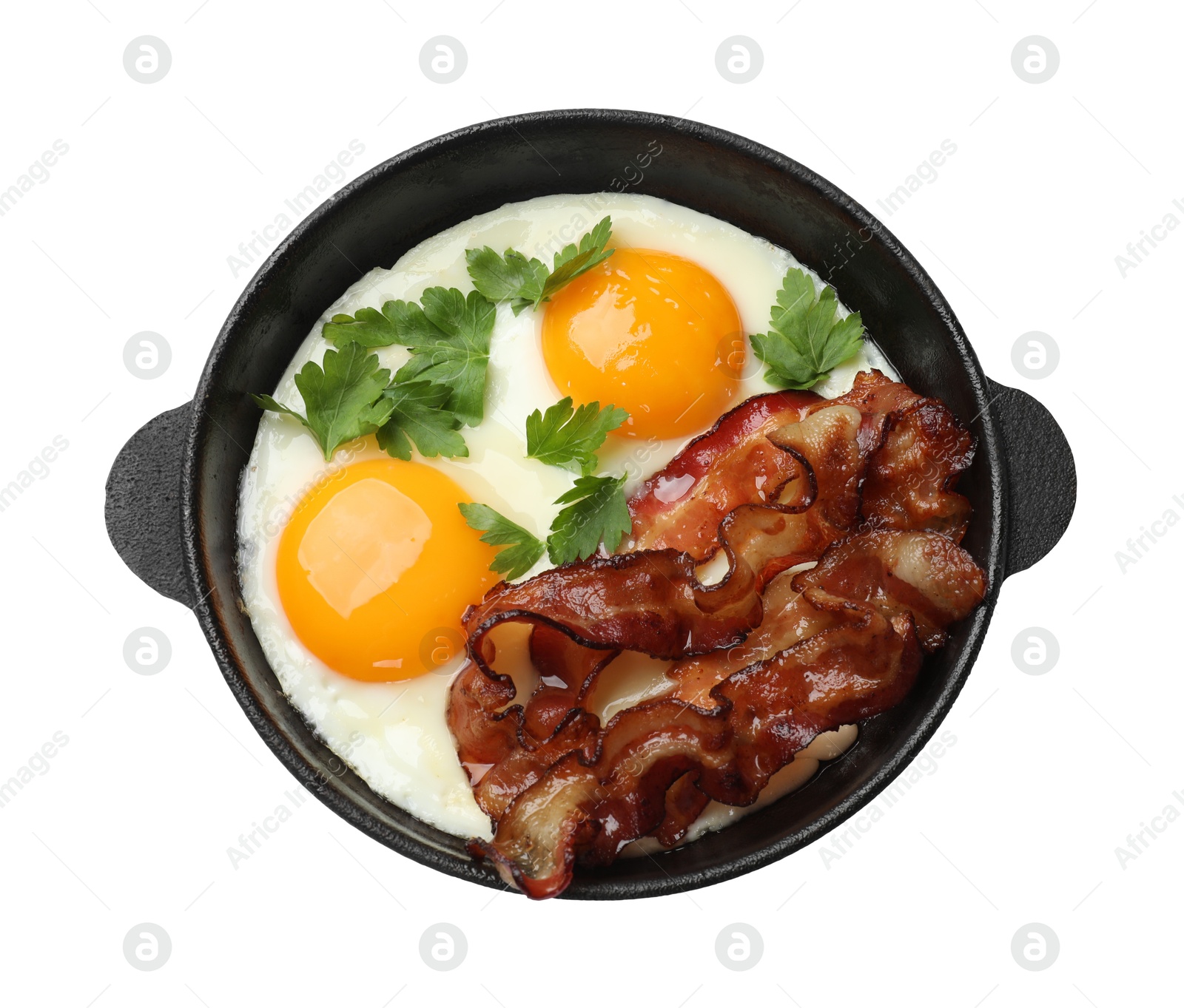 Photo of Tasty bacon, eggs and parsley isolated on white, top view