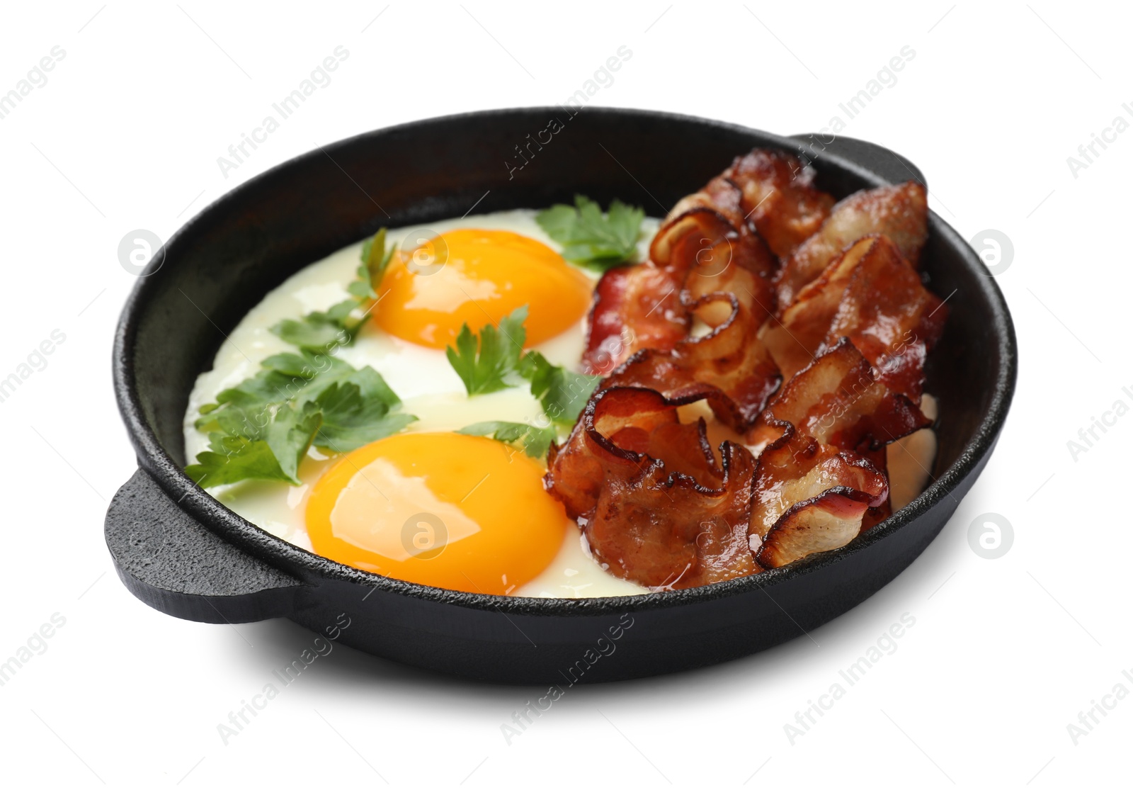 Photo of Tasty bacon, eggs and parsley isolated on white