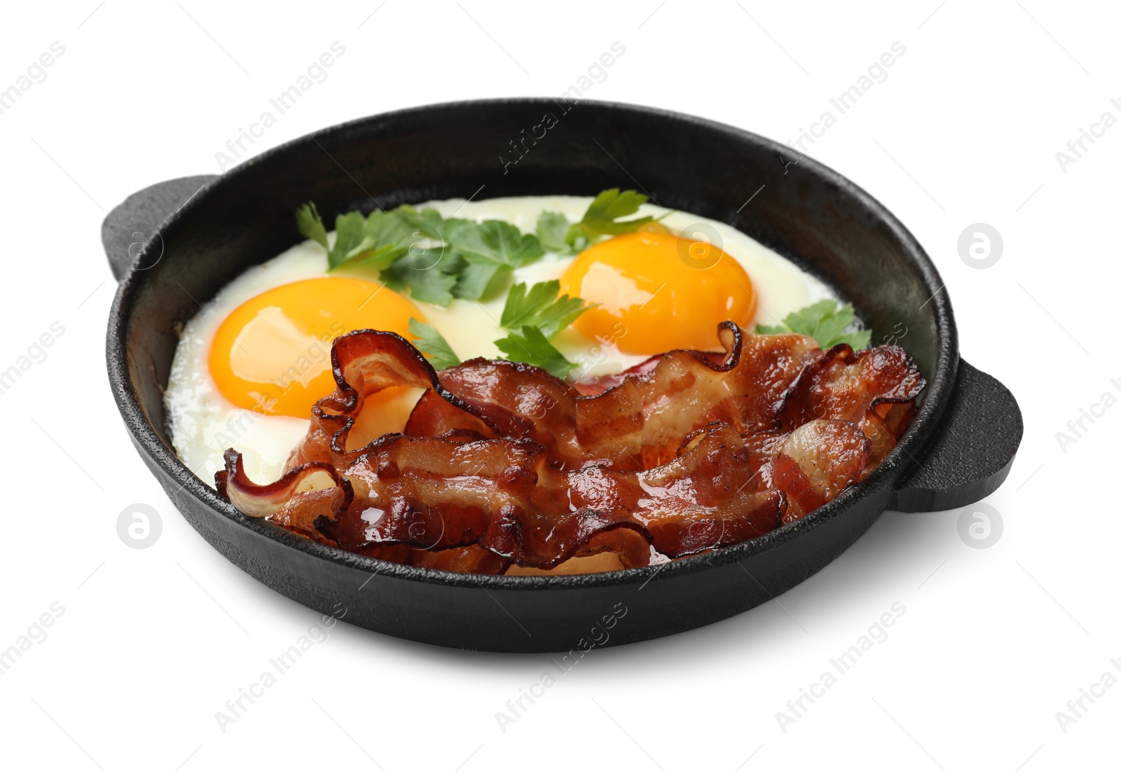 Photo of Tasty bacon, eggs and parsley isolated on white