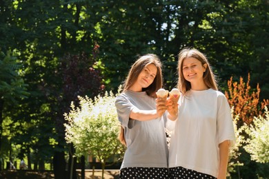 Photo of Two beautiful twin sisters with ice cream in park