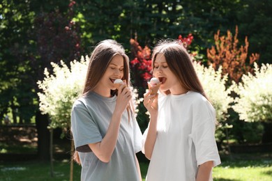 Photo of Two beautiful twin sisters eating ice cream in park