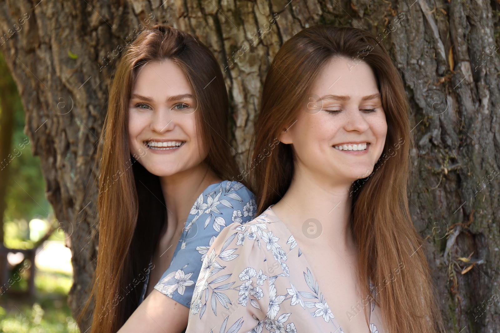 Photo of Two beautiful twin sisters near tree outdoors