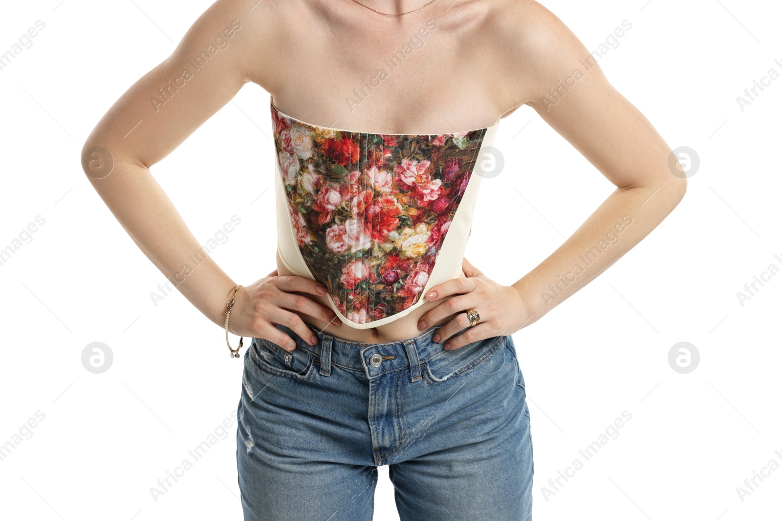 Photo of Woman in stylish corset on white background, closeup