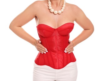 Woman in red corset on white background, closeup