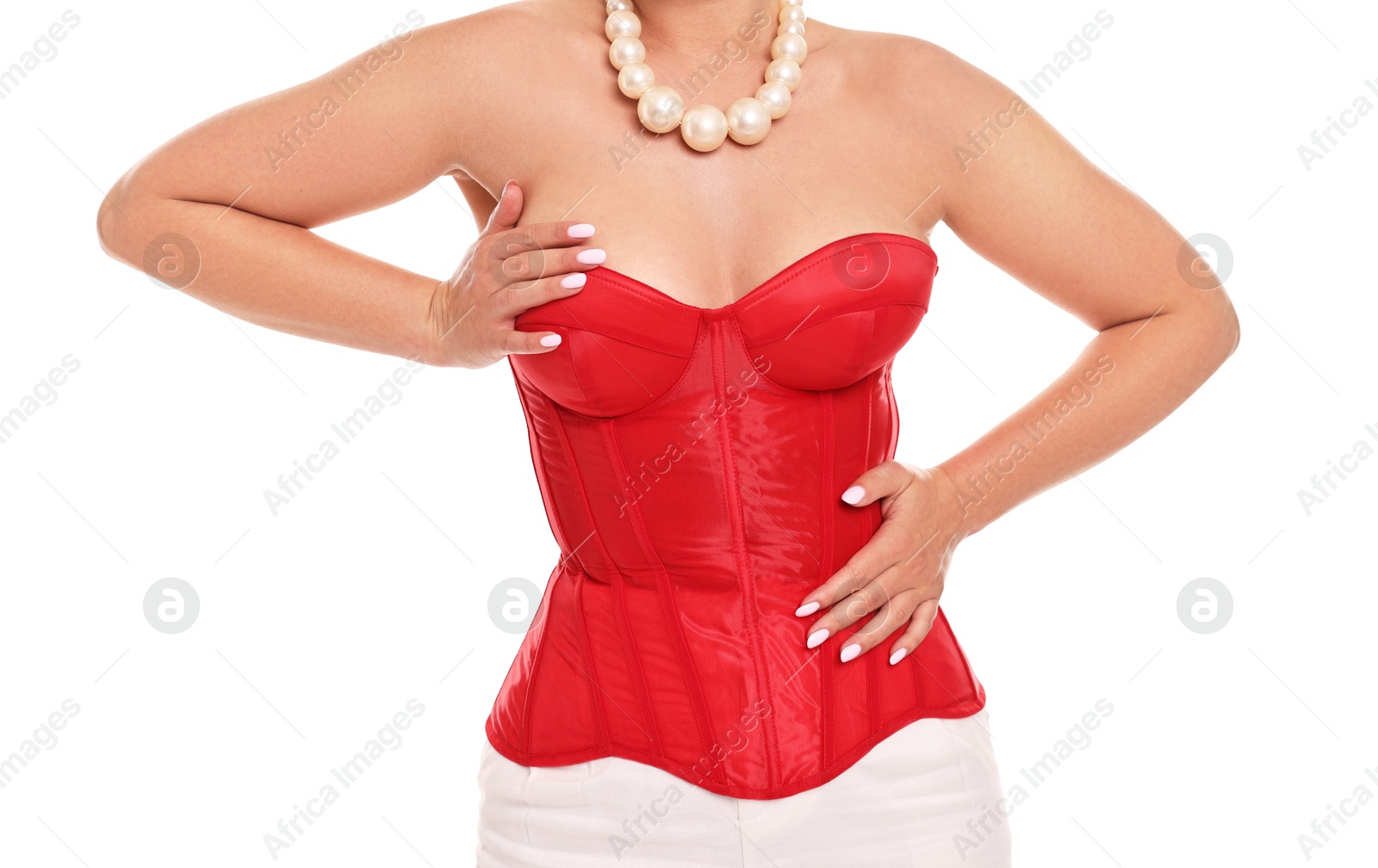 Photo of Woman in red corset on white background, closeup