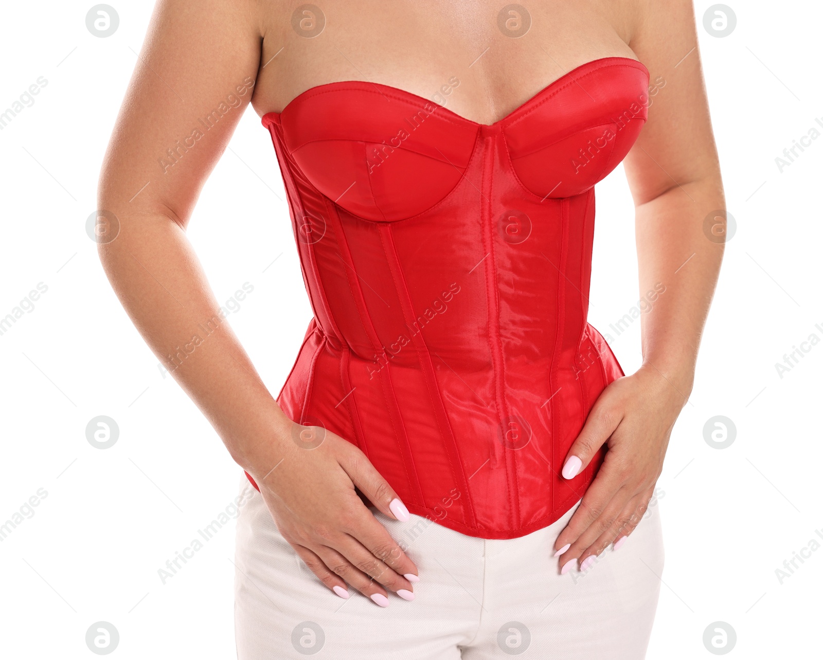 Photo of Woman in red corset on white background, closeup