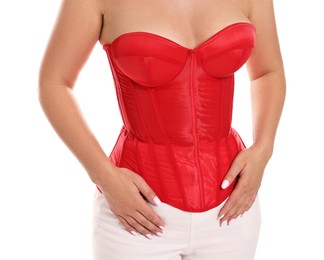 Woman in red corset on white background, closeup