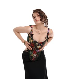 Beautiful woman in stylish corset posing on white background, low angle view