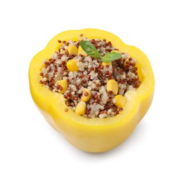 Photo of Quinoa stuffed bell pepper and basil isolated on white