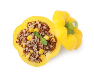 Photo of Quinoa stuffed bell pepper and basil isolated on white, top view