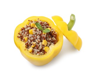 Photo of Quinoa stuffed bell pepper and basil isolated on white, above view