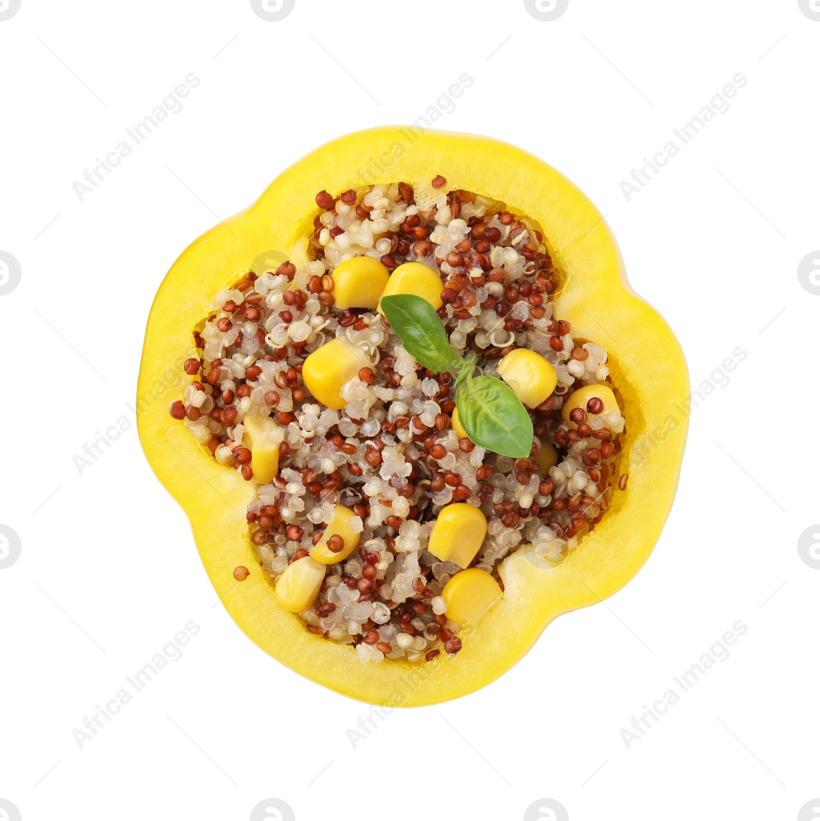 Photo of Quinoa stuffed bell pepper and basil isolated on white, top view