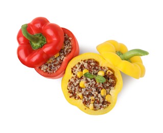 Photo of Quinoa stuffed bell peppers isolated on white, top view