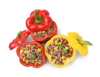 Photo of Quinoa stuffed bell peppers isolated on white, top view