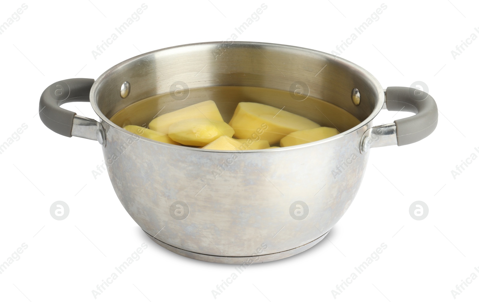 Photo of Raw potatoes in pot with water isolated on white