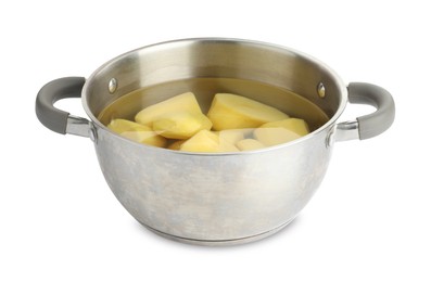 Photo of Raw potatoes in pot with water isolated on white