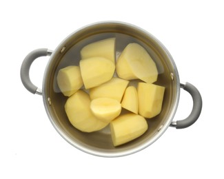 Raw potatoes in pot with water isolated on white, top view