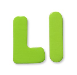 Uppercase and lowercase green magnetic letter L isolated white