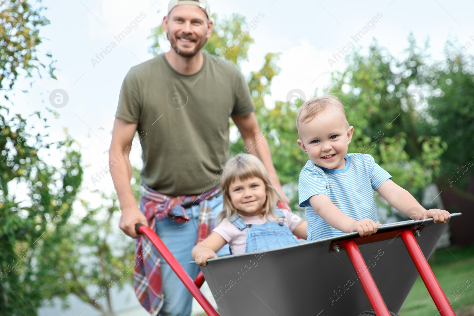 Photo of Father pushing wheelbarrow with his kids outdoors, selective focus