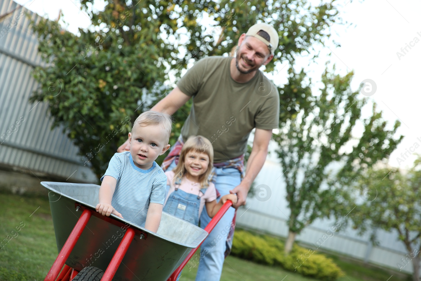 Photo of Father pushing wheelbarrow with his kids outdoors, space for text