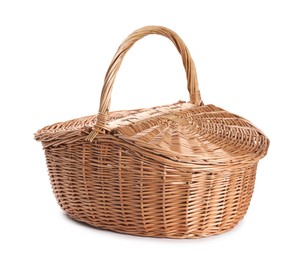 Photo of One picnic wicker basket isolated on white