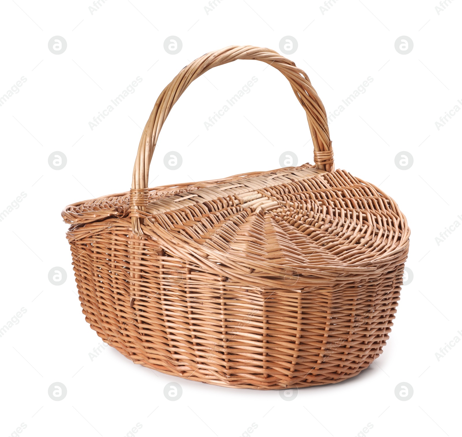 Photo of One picnic wicker basket isolated on white