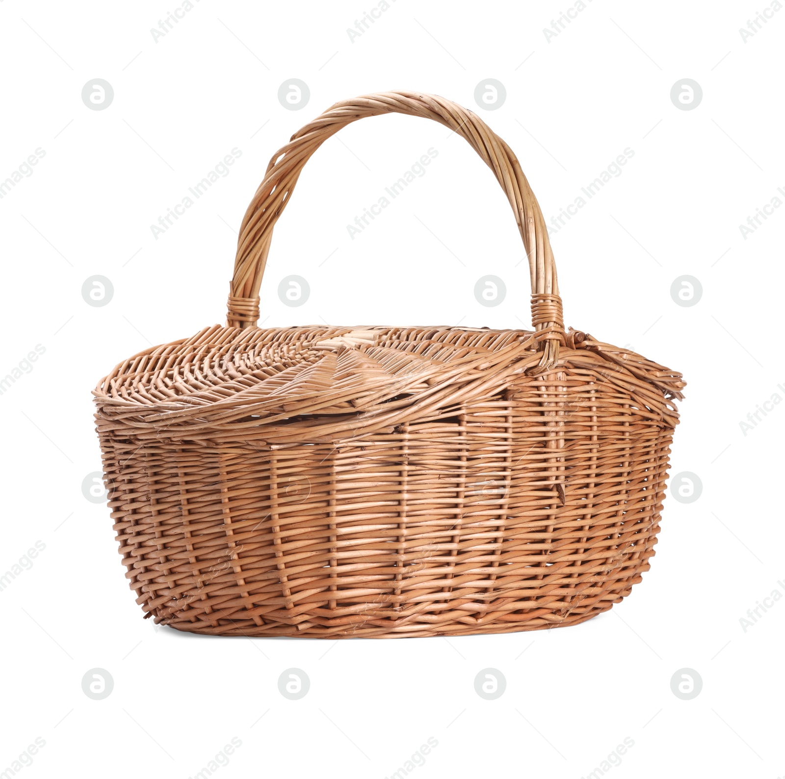 Photo of One picnic wicker basket isolated on white