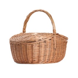 Photo of One picnic wicker basket isolated on white