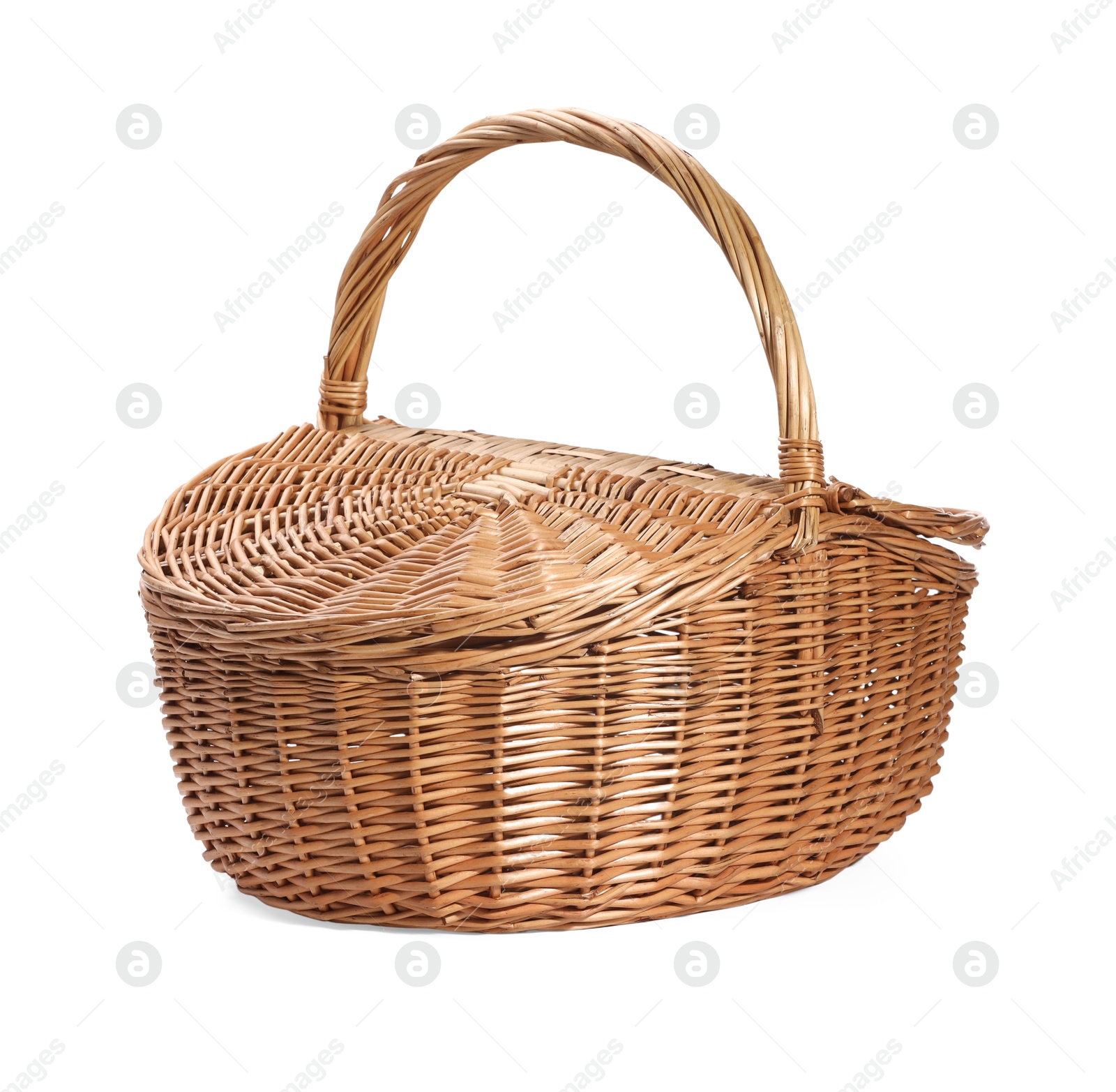 Photo of One picnic wicker basket isolated on white