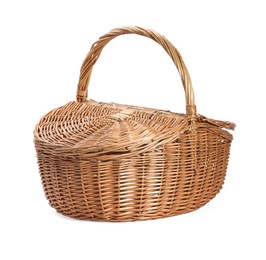 Photo of One picnic wicker basket isolated on white