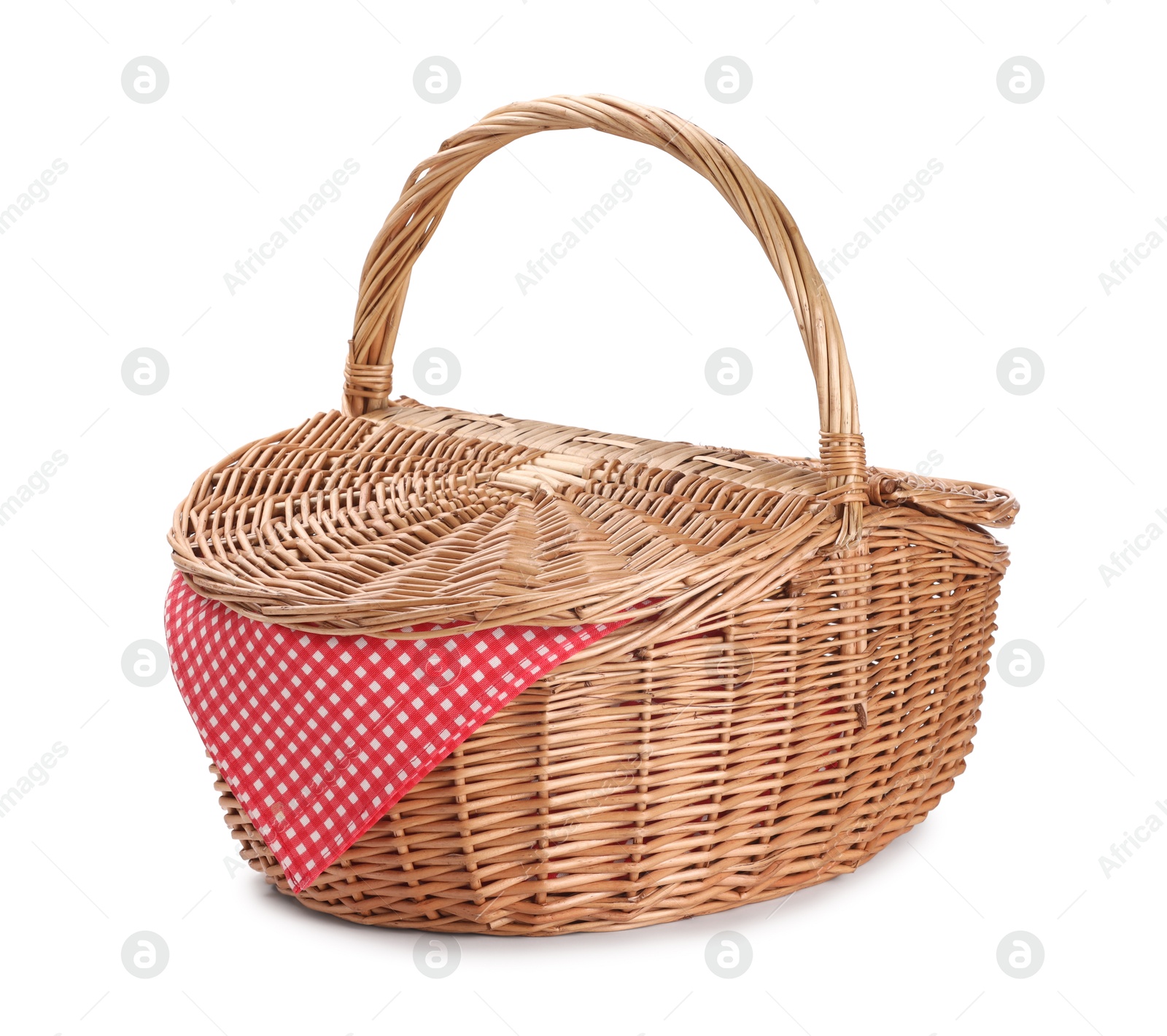 Photo of One picnic wicker basket isolated on white