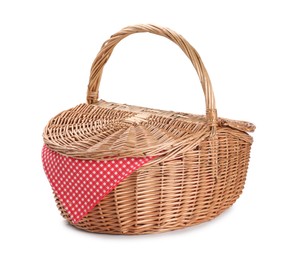 Photo of One picnic wicker basket isolated on white