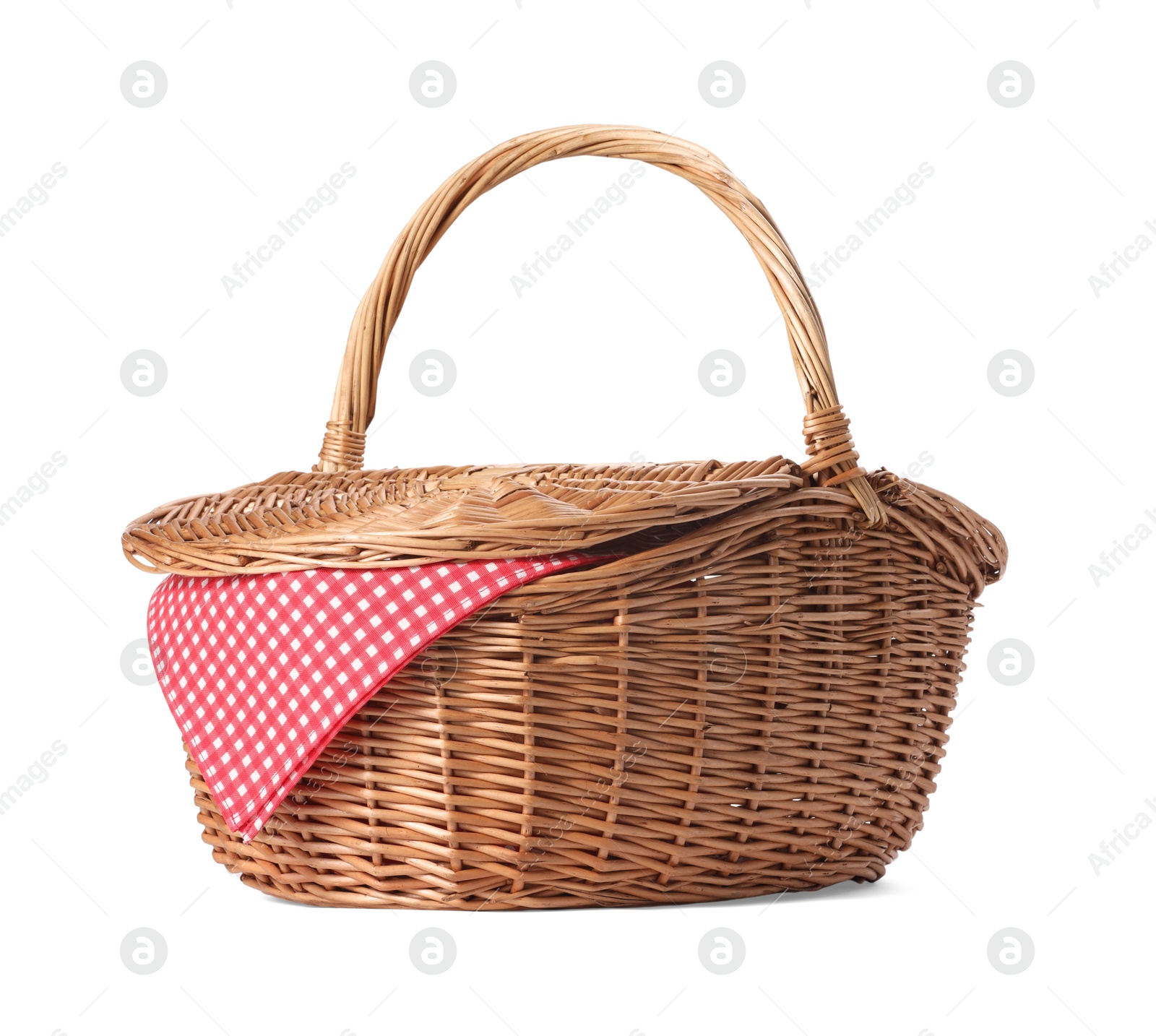 Photo of One picnic wicker basket isolated on white