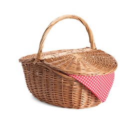 Photo of One picnic wicker basket isolated on white