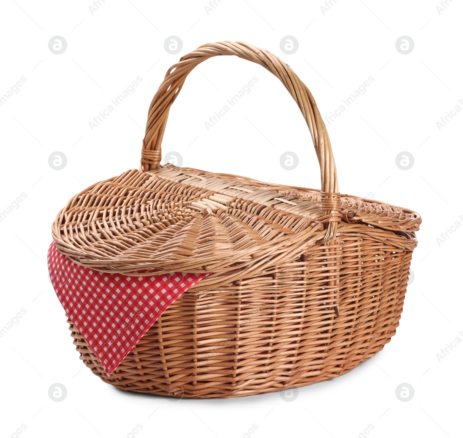 Photo of One picnic wicker basket isolated on white