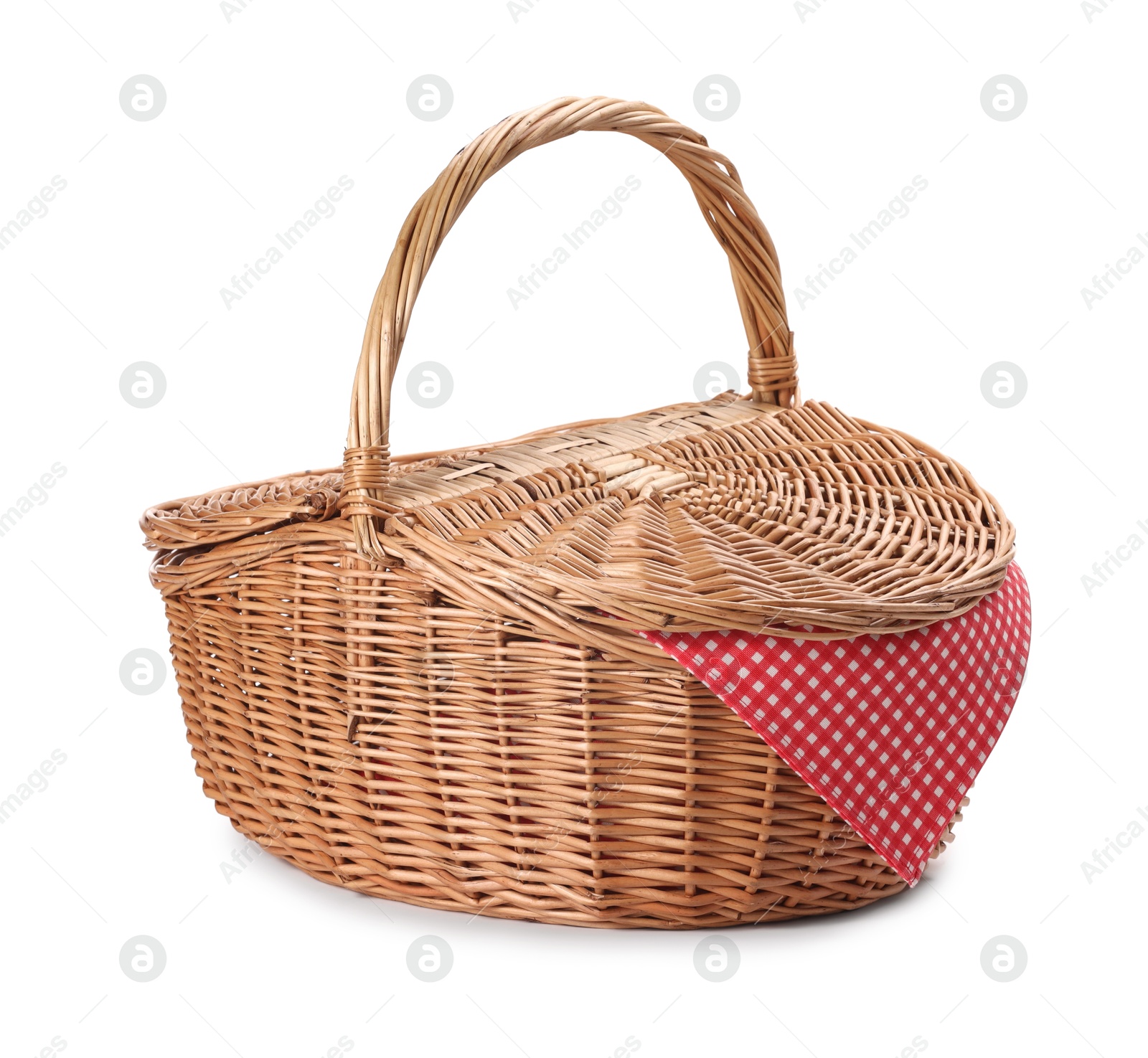 Photo of One picnic wicker basket isolated on white