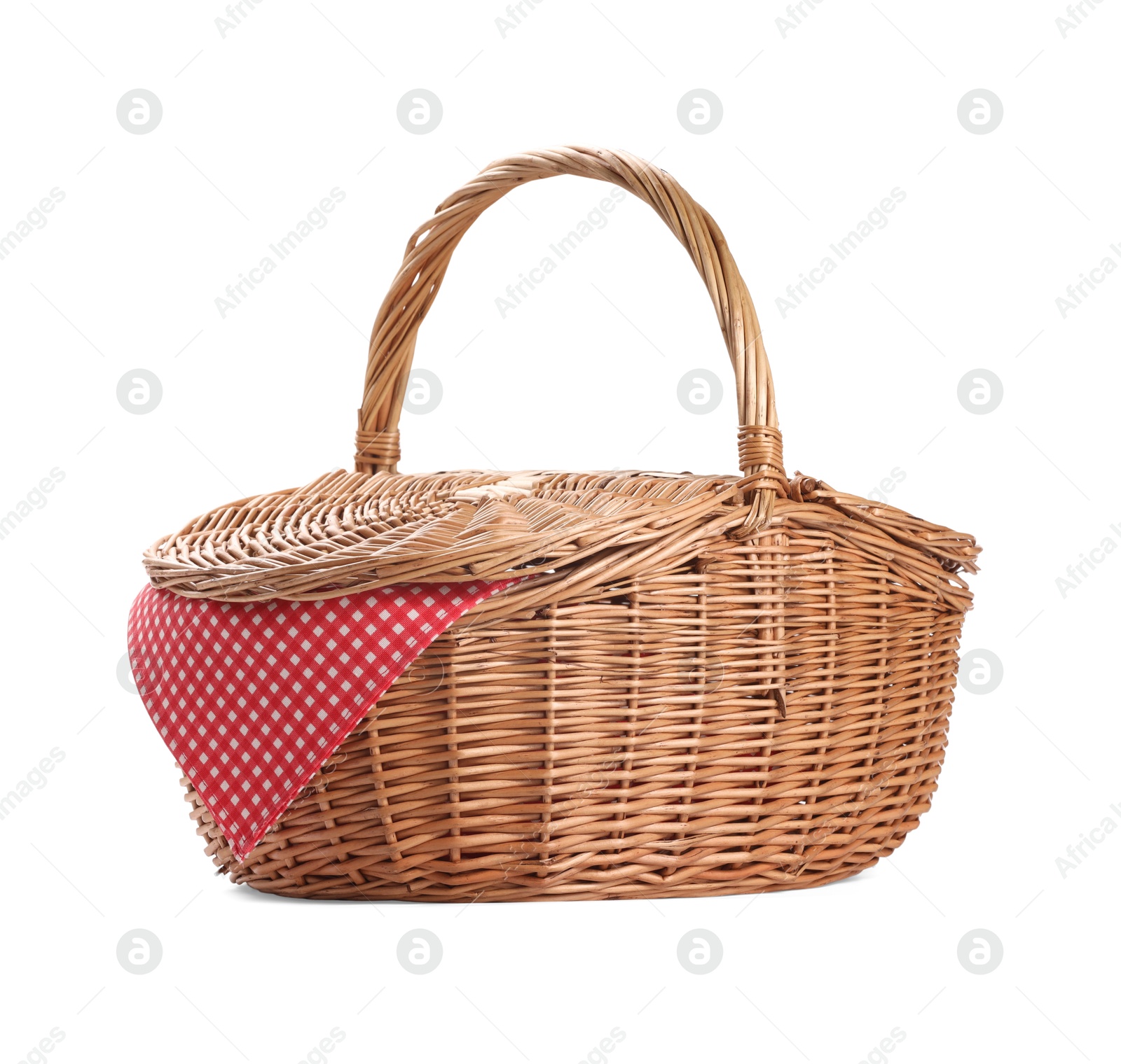 Photo of One picnic wicker basket isolated on white