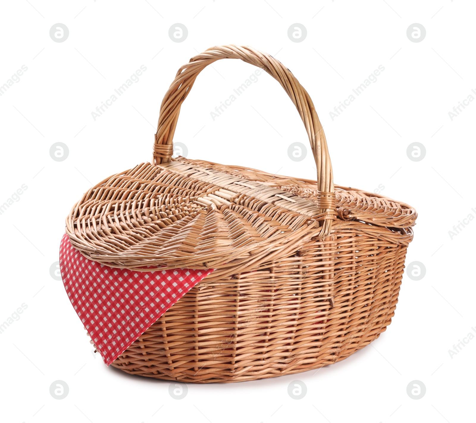 Photo of One picnic wicker basket isolated on white