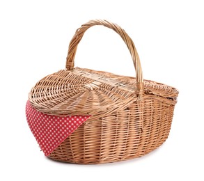 Photo of One picnic wicker basket isolated on white