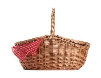 Photo of One picnic wicker basket isolated on white