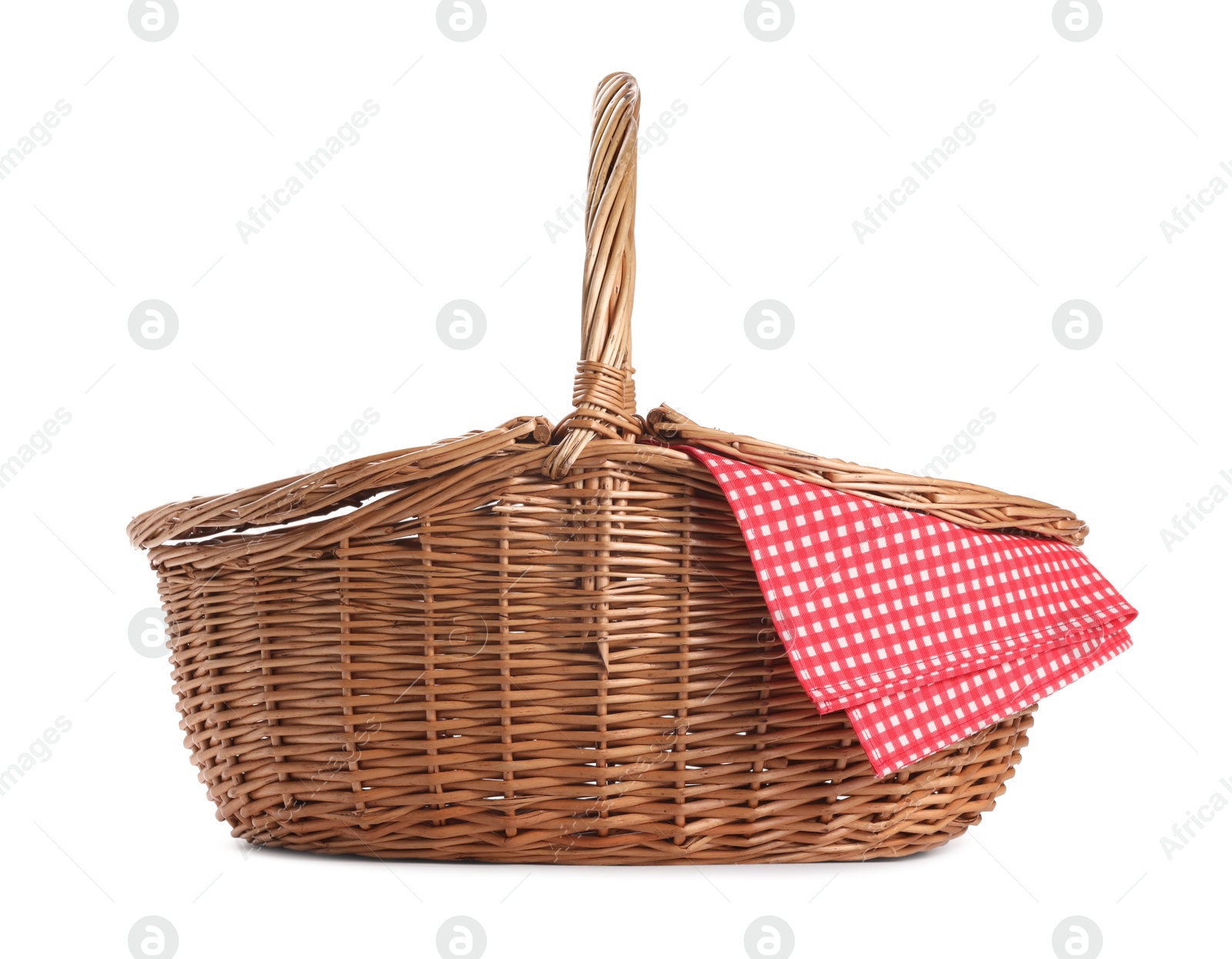 Photo of One picnic wicker basket isolated on white