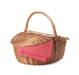 Photo of One picnic wicker basket isolated on white