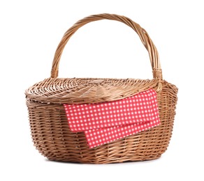 Photo of One picnic wicker basket isolated on white