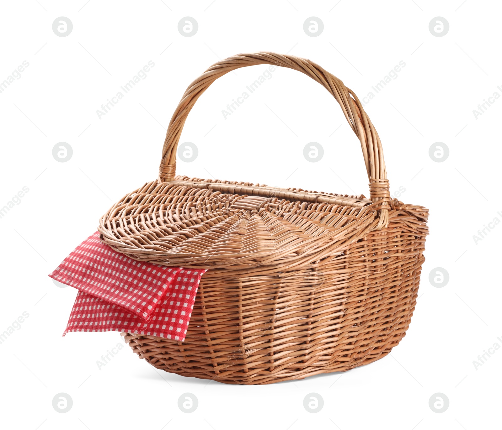 Photo of One picnic wicker basket isolated on white