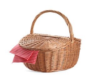 Photo of One picnic wicker basket isolated on white