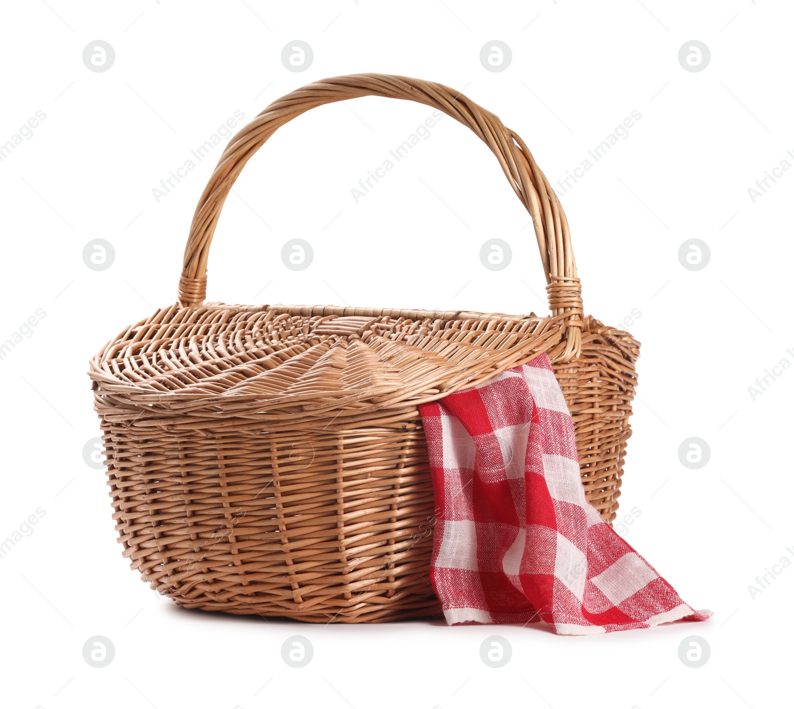 Photo of One picnic wicker basket isolated on white