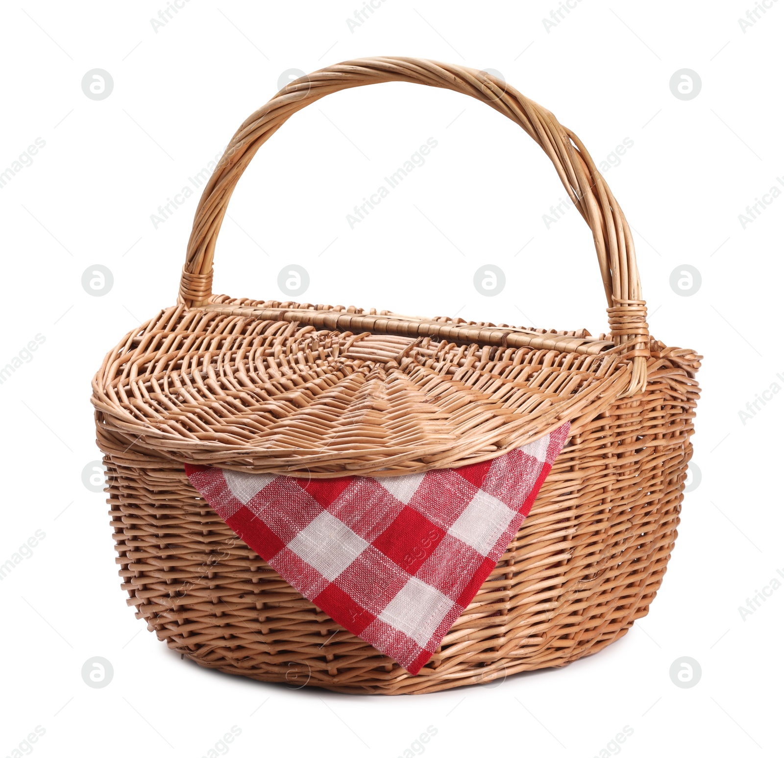 Photo of One picnic wicker basket isolated on white