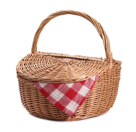 Photo of One picnic wicker basket isolated on white